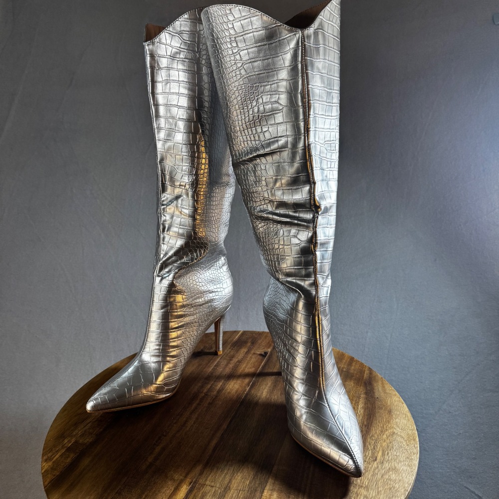 Metallic Silver Croc Embossed Knee High Stiletto‎ Boots Pointed Toe Womens 8